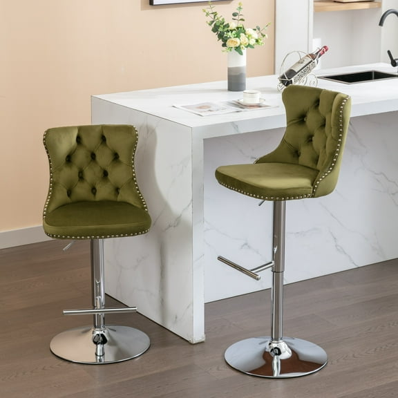 Holaki Set Of 2, Modern Classic Swivel Velvet Barstools, 25-33 Inch Adjusatble Seat Height, Upholstered Chrome Base Bar Stools With Backs Tufted, For Home Pub, Living Room(Silver Base+Olive-Green)