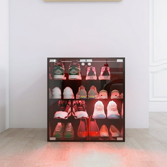 Holaki Shoe Box,Shoes Display Cabinet with LED light Bluetooth Control,Wooden Stackable Shoe Storage Box with Glass Door, Shoe Storage Bin Shoe Display Case for Sneakers (4 Tier)
