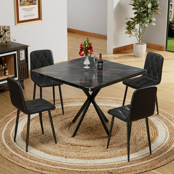 Holaki Square Dining Table Set,Mid Century Modern Square Dining Table for 4 Person,Faux Marble Tabletop, Iron Legs,Coffee Table for Kitchen Dining Room,Office,Save Space