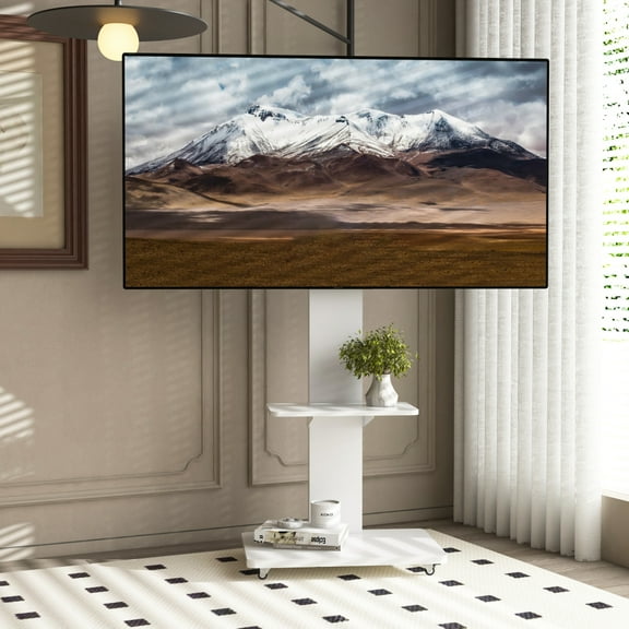 Holaki TV Stand with Shelf for Living Room, Bedroom,Offices,Mobile TV Cart for 32-75 inches,Floor Stand with Mount on Lockable Wheels,White