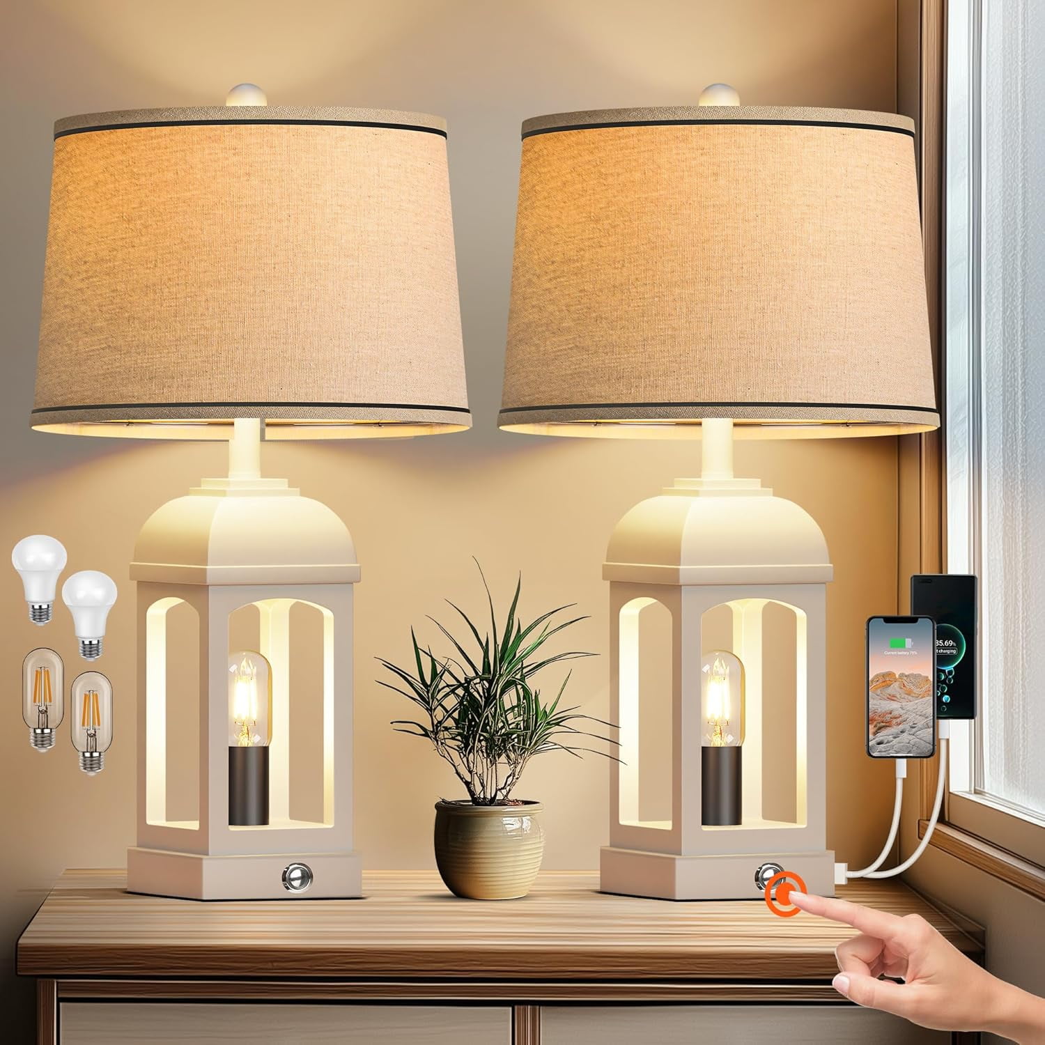 Holaki Table Lamp for Living Room, Farmhouse Lamps Set of 2 with USB A+C and Nightlight, 26" Rustic Bedside Lamps with 3-Way Dimmable, Touch Nightstand Lamp for Bedroom, White
