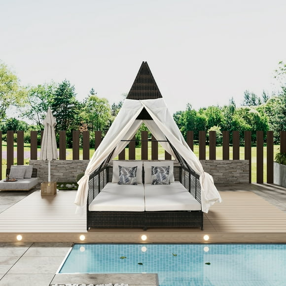 Holaki Tent Shape Patio Daybed with Adjustable Backrest, Iron+ Rattan Double Chaise Lounge Outdoor Curtain with White Cushion for Outside Pool,Garden,Backyard,Lawn