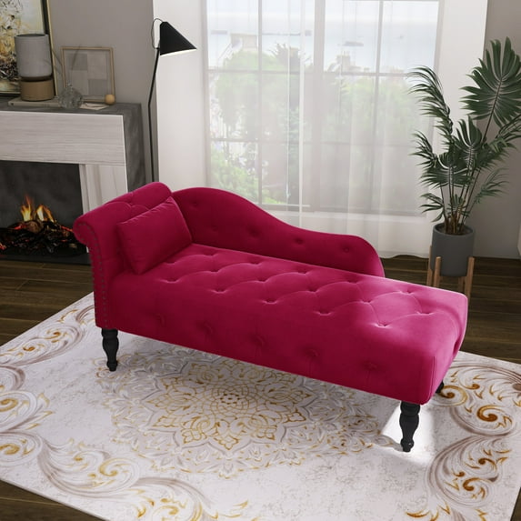 Holaki Tufted Upholstered Velvet Rolled Arm Chaise Lounges Indoor Chair, Right Arm Facing Chaise Lounge with Nailhead Trim for Living Room Bedroom Office, Burgundy
