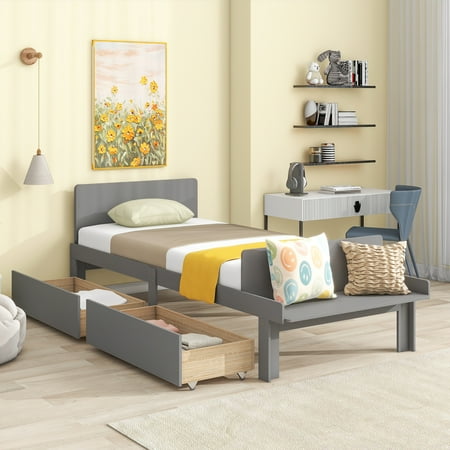 Holaki Twin Bed with Footboard Bench with 2 Drawers,Gray