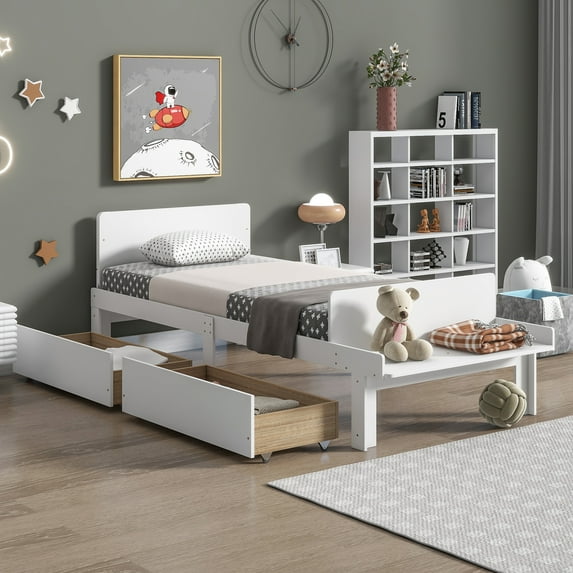 Holaki Twin Bed with Footboard Bench with 2 Drawers,White