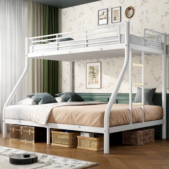 Holaki Twin over Full Metal Bunk Bed with Built in Ladder & Guardrails for Teens, Strudy Metal Bunk Bed Frame with Support Leg, Small Space for Bedroom Dorm Apartment, Easy Assembly, White