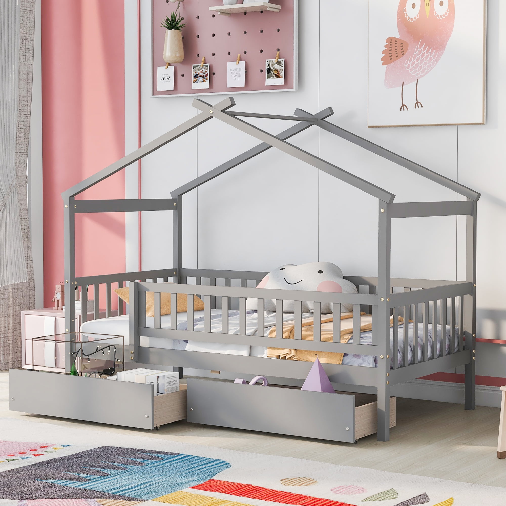 Holaki Twin Size House Bed with Storage Drawers for Kids, Gray