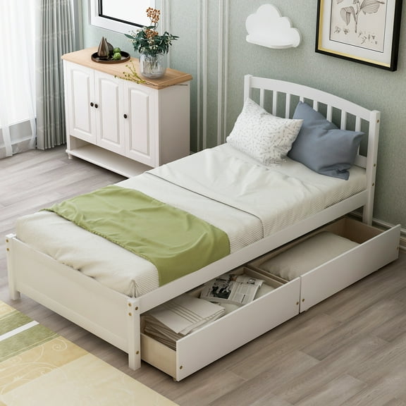 Holaki Twin Size Wood Bed with 2 Storage Drawers for Kids, White
