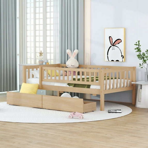 Holaki Twin Size Wood Bed with Guardrails and 2 Storage Drawers for Kids, Natural