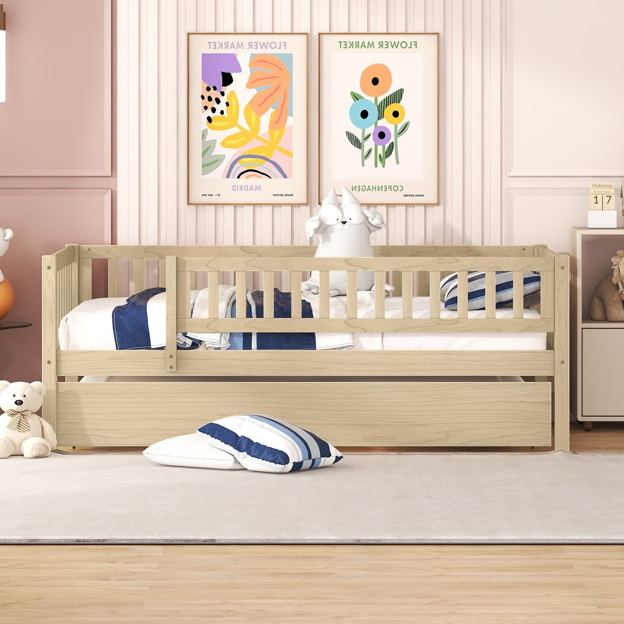 Holaki Twin Size Wood Bed with Trundle and Guardrails for Kids, Natural