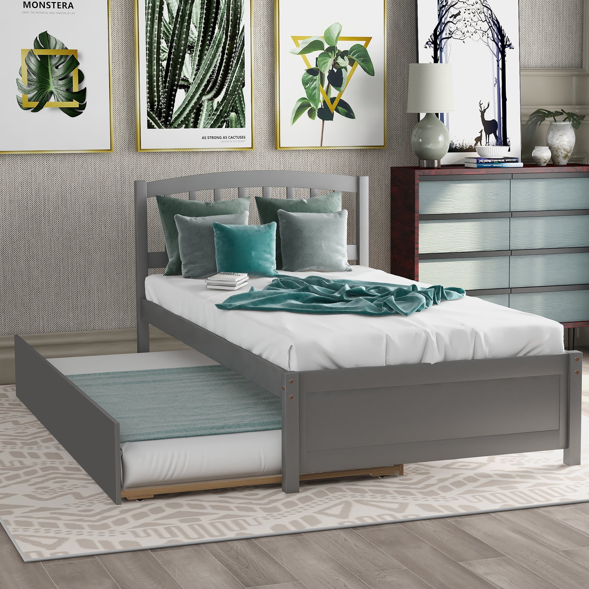 Holaki Twin Size Wood Bed with Trundle and Slatted Headboard for Kids, Gray