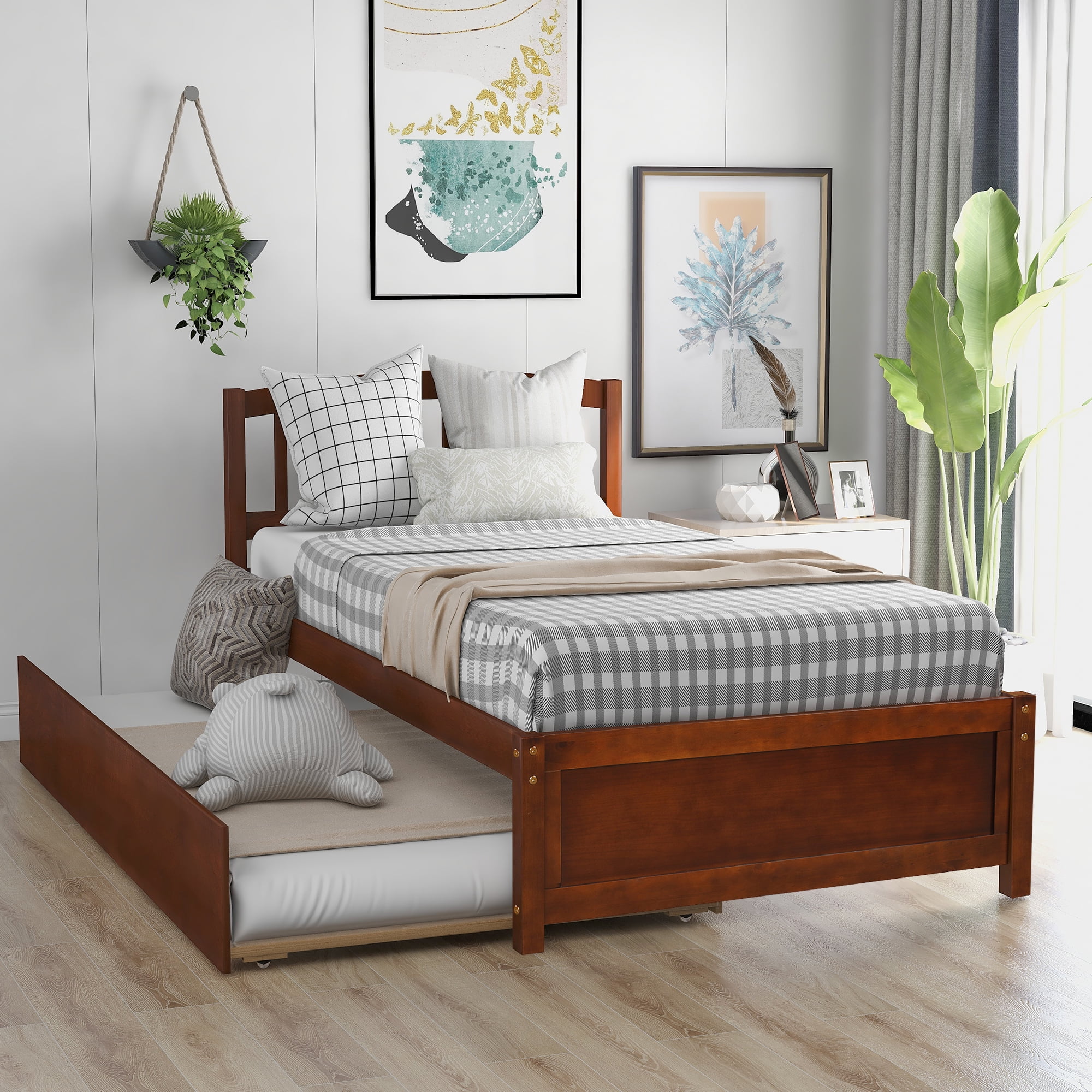 Holaki Twin Size Wood Bed with Trundle and Slatted Headboard for Kids, Walnut