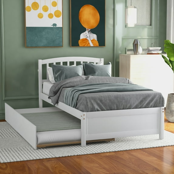 Holaki Twin Size Wood Bed with Trundle and Slatted Headboard for Kids, White