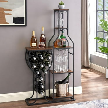 Holaki Wine Rack Freestanding Floor Cabinet: 5-Tier Mini Bar Table with 6 Glass Holder - Industrial 11 Bottles Liquor Stand Display - Rustic Brown Small Whiskey Storage for Living Room Home Kitchen