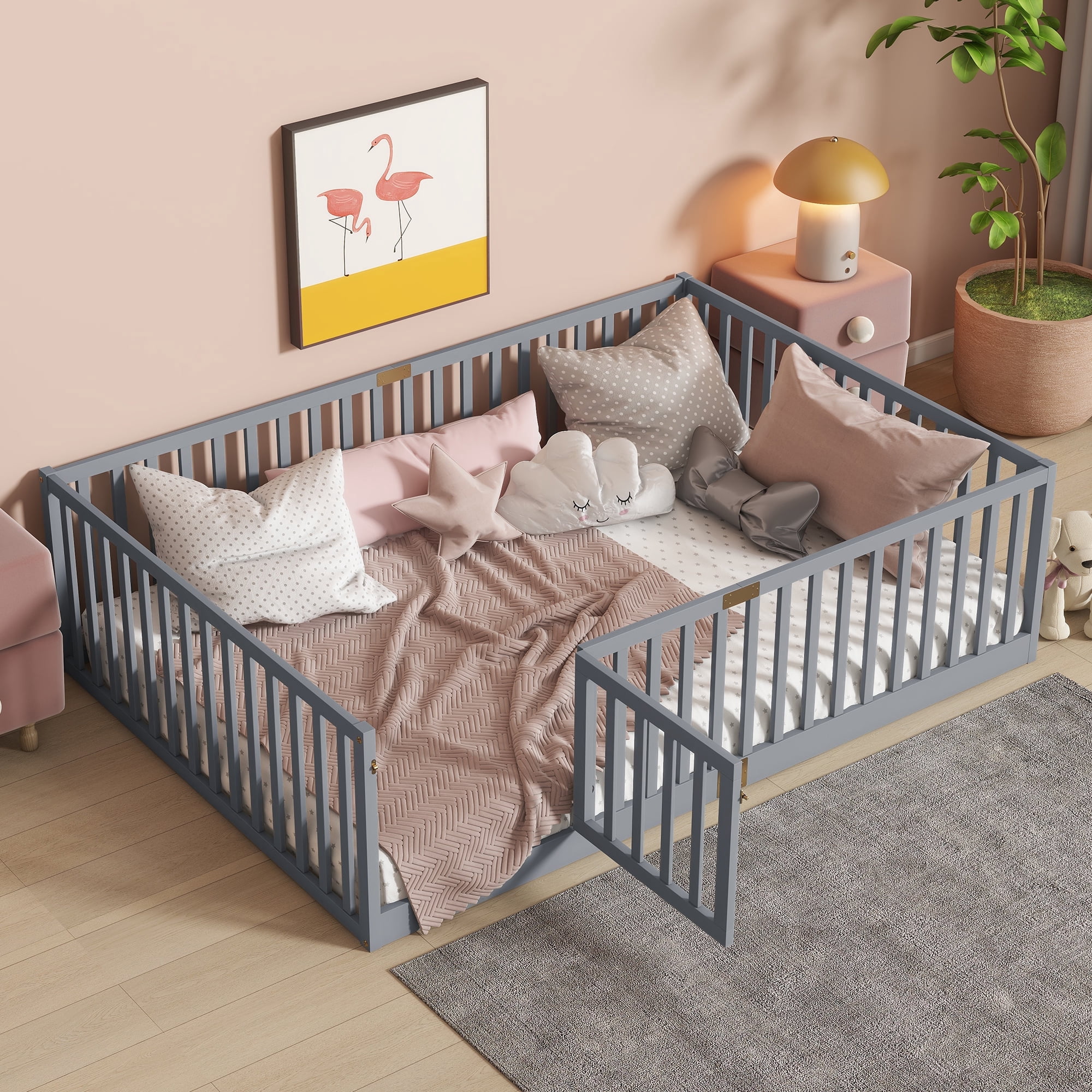 Holaki Wood Full Size Floor Bed with High Fence Railings for Kids, Gray