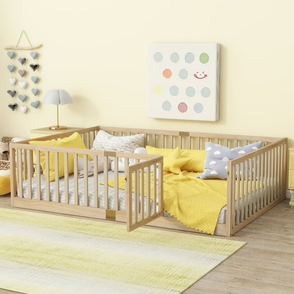 Holaki Wood Full Size Floor Bed with High Fence Railings for Kids, Oak
