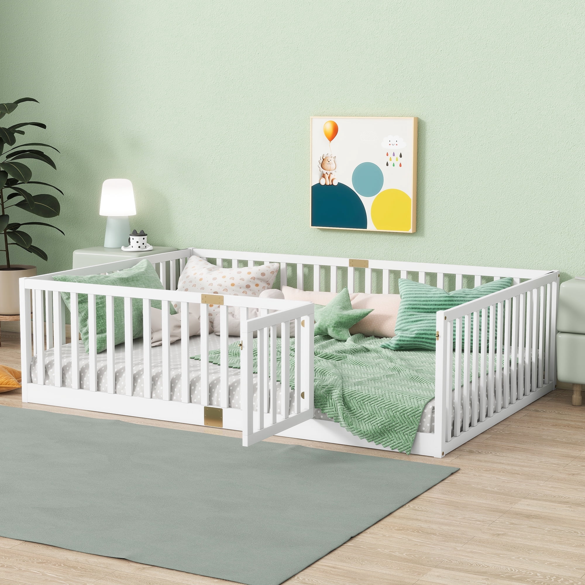 Holaki Wood Full Size Floor Bed with High Fence Railings for Kids, White