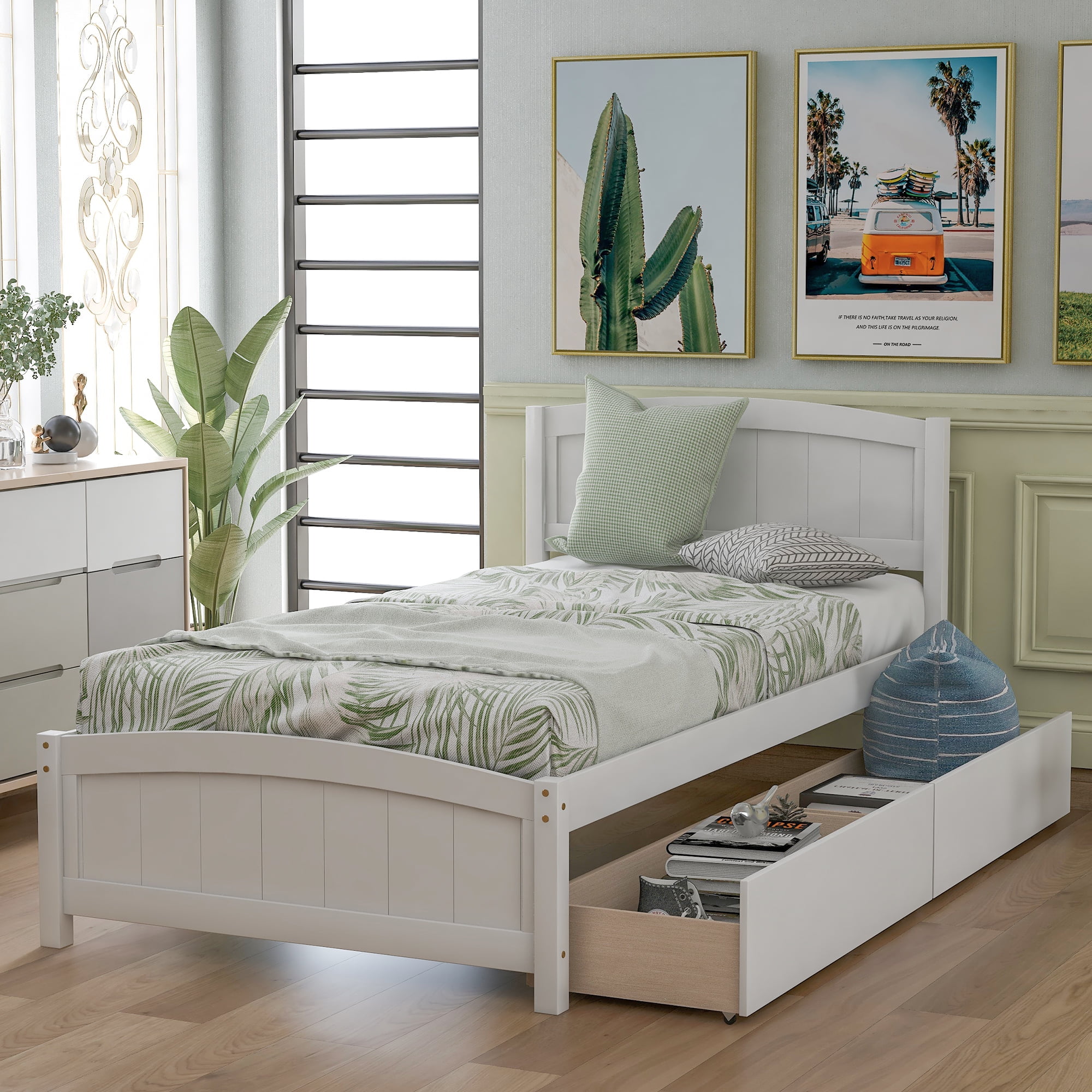 Holaki Wood Twin Size Bed with 2 Storage Drawers for Kids, White