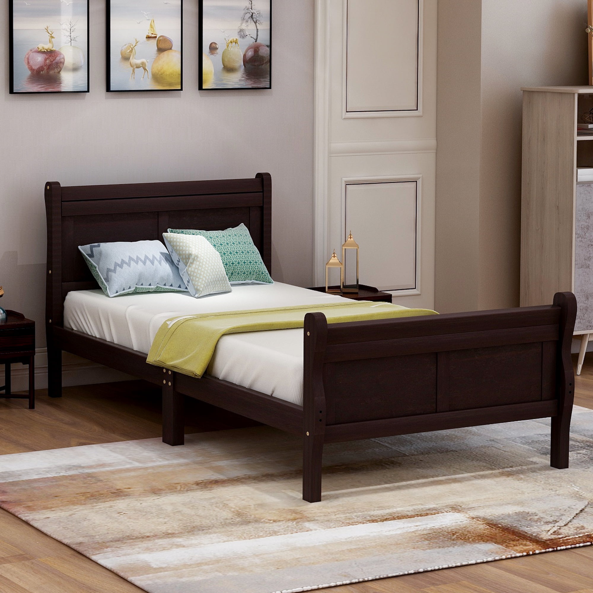 Holaki Wood Twin Size Bed with Headboard & Footboard for Kids, Espresso