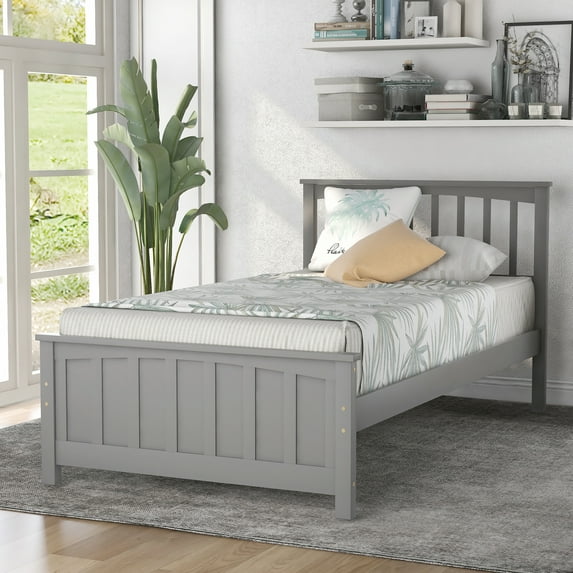 Holaki Wood Twin Size Bed with Headboard & Footboard for Kids, Gray
