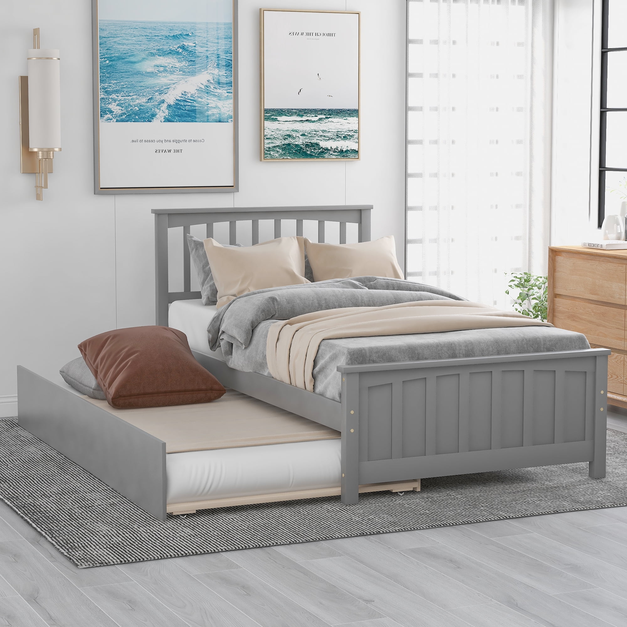 Holaki Wood Twin Size Bed with Trundle for Kids, Gray