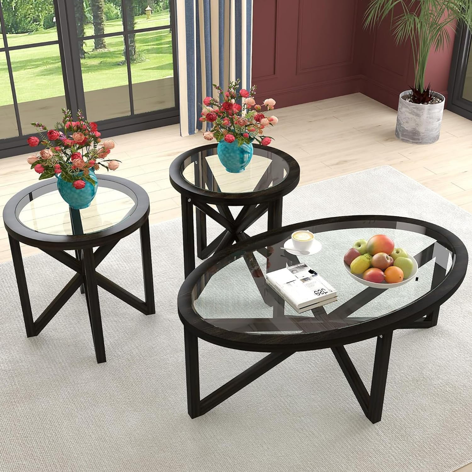 Holaki Wooden Coffee Table End Table Sets of 3, Tempered Glass Top ...