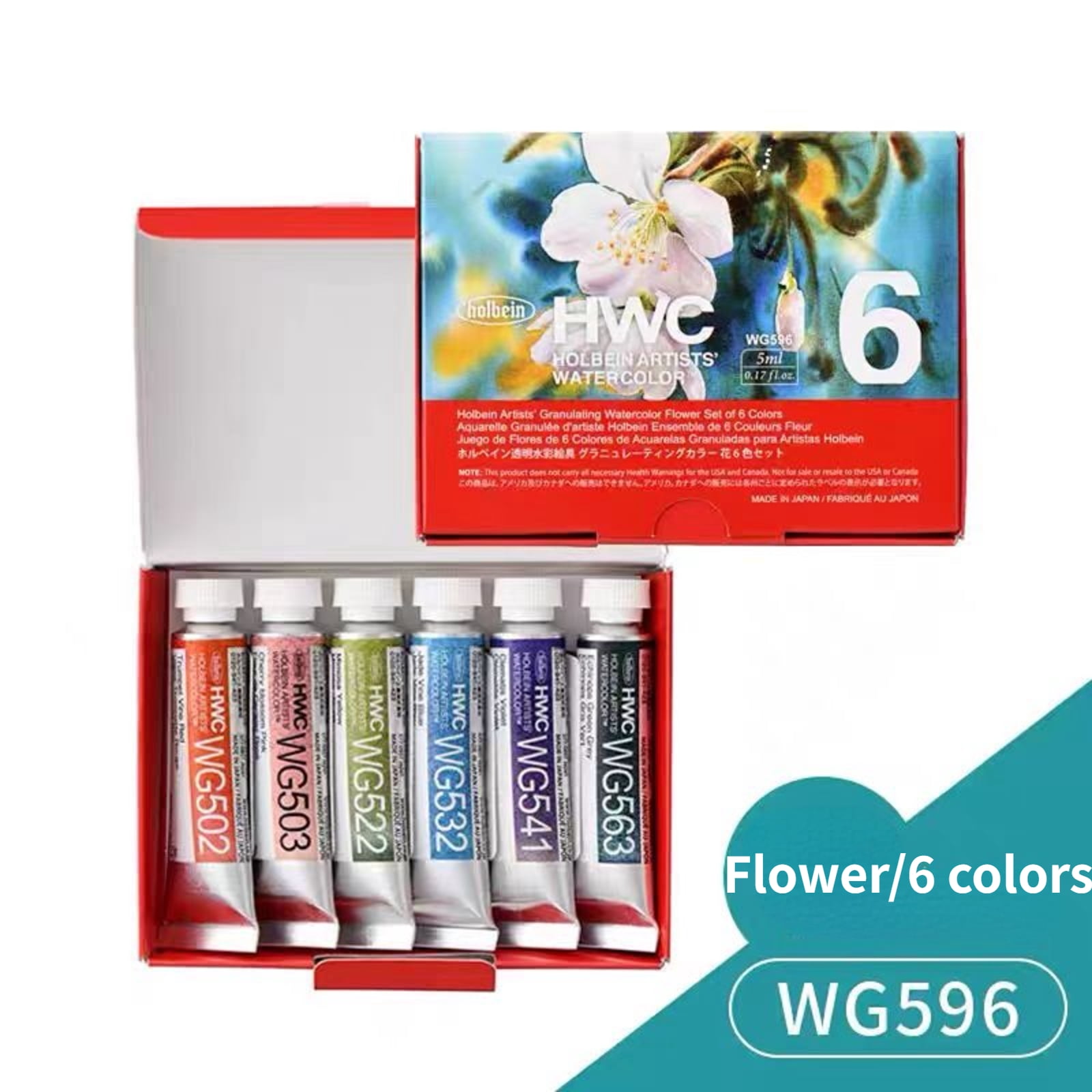 Holbein Artist's Watercolors Set of 6，5ml Tubes Art Supplies for Adult Teens Beginner Amateur Artists,WG596