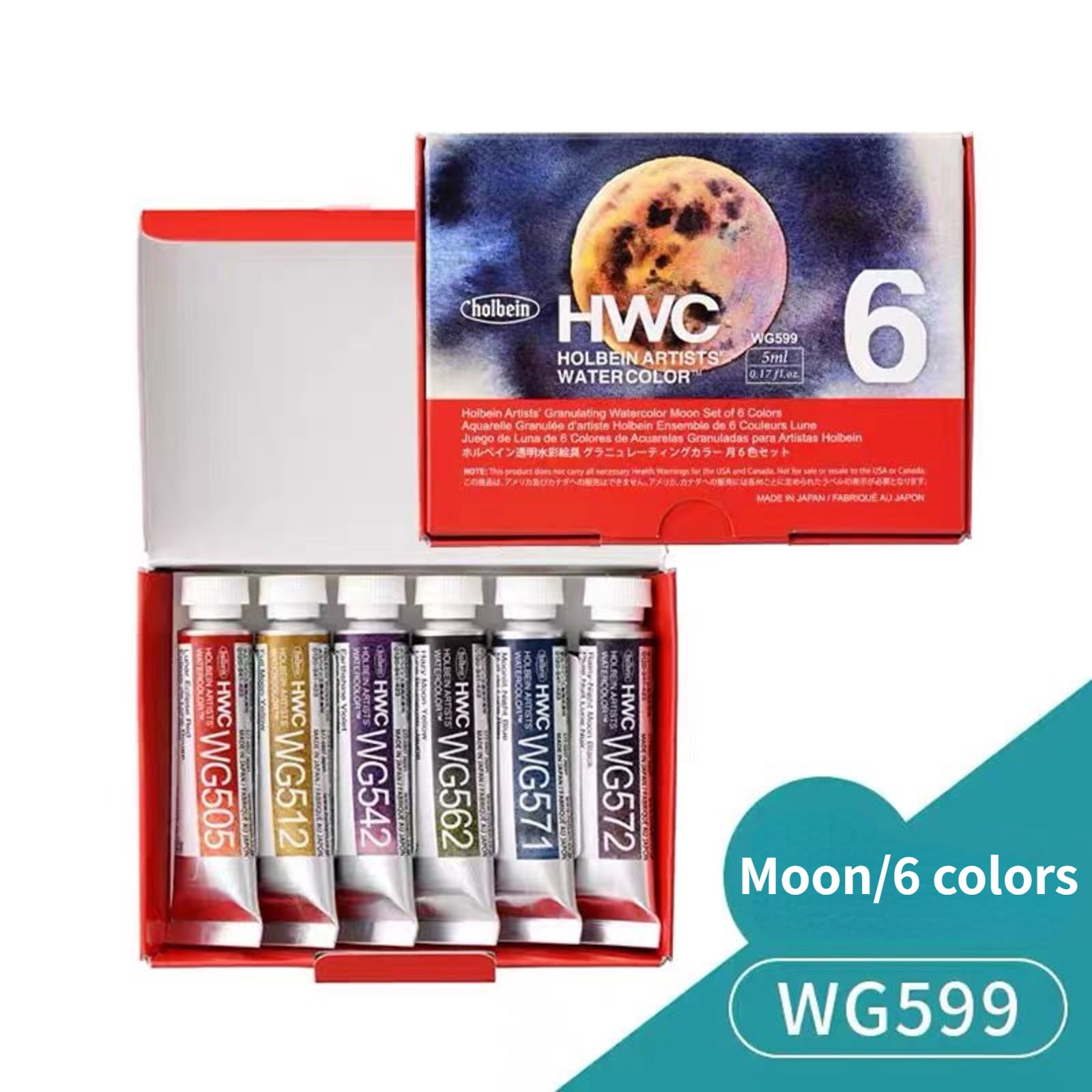 Holbein Artist's Watercolors Set of 6，5ml Tubes Art Supplies for Adult Teens Beginner Amateur Artists,WG599