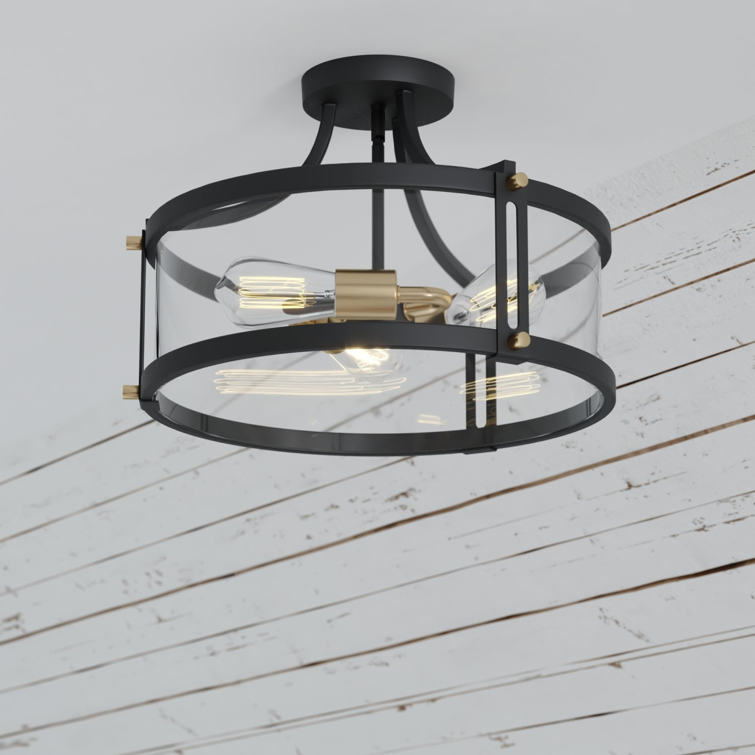 Holbrook 15.75" Matte Black & Satin Brass Drum Semi-Flush Mount with Clear Seeded Glass