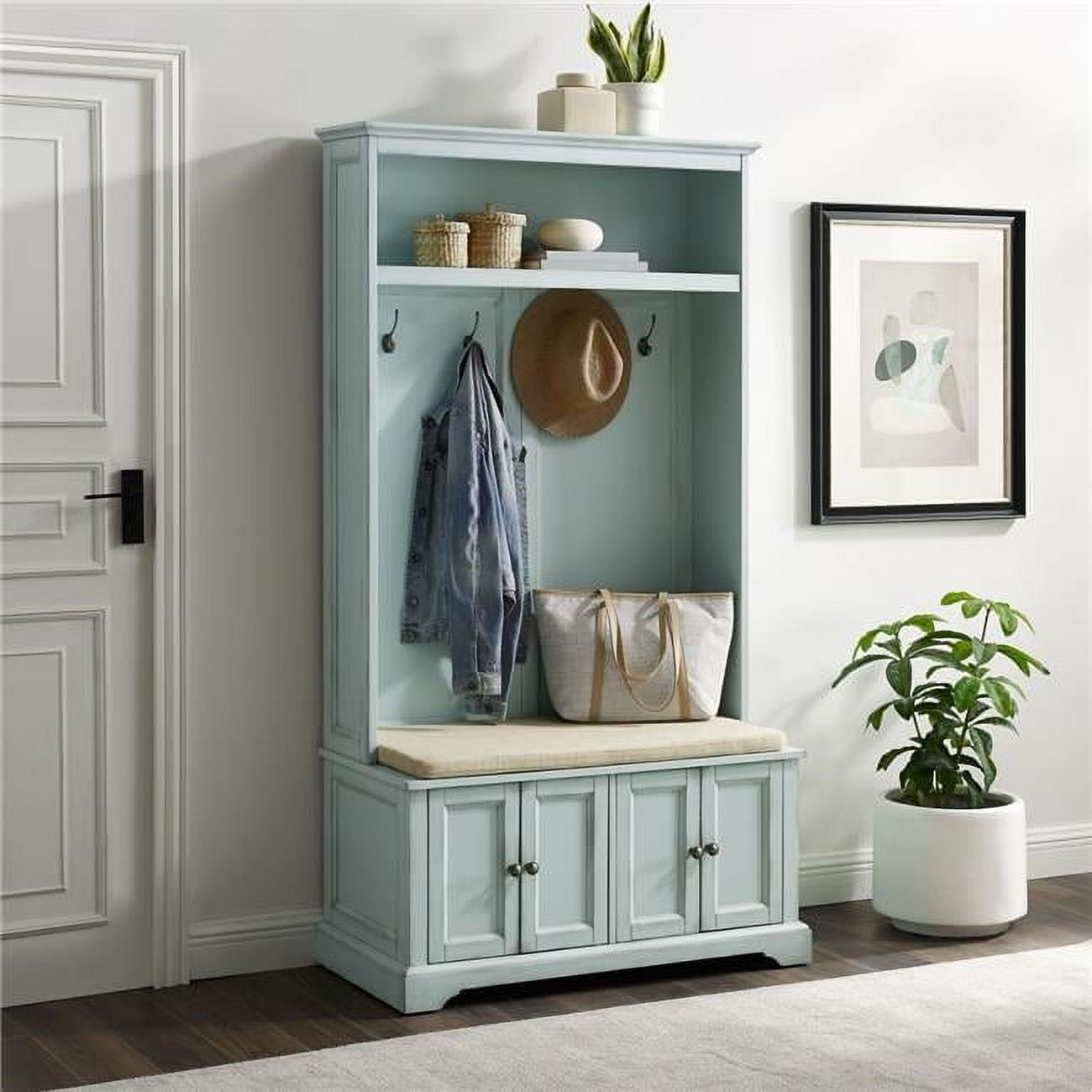Holbrook Seafoam Blue Distressed Hall Tree with Storage Bench