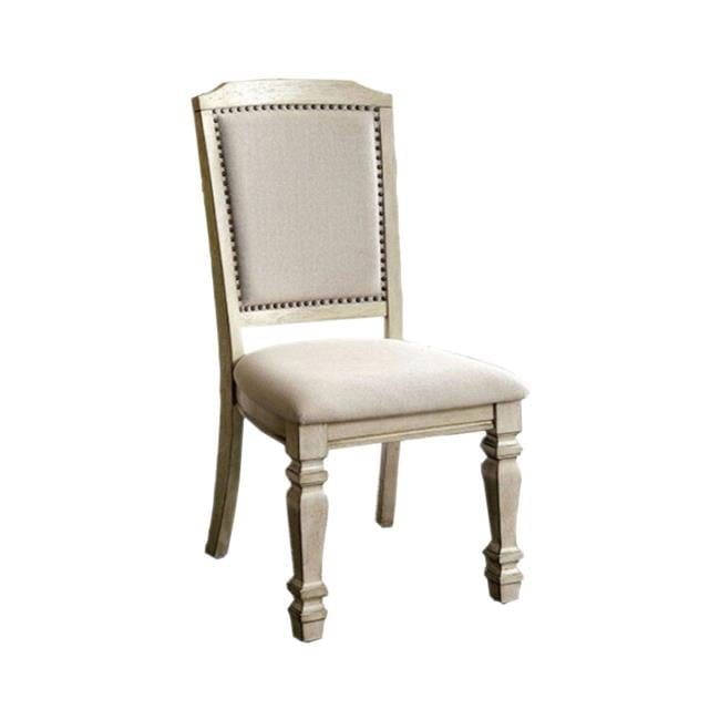 Antique White Linen Upholstered Side Chair with Wood Frame