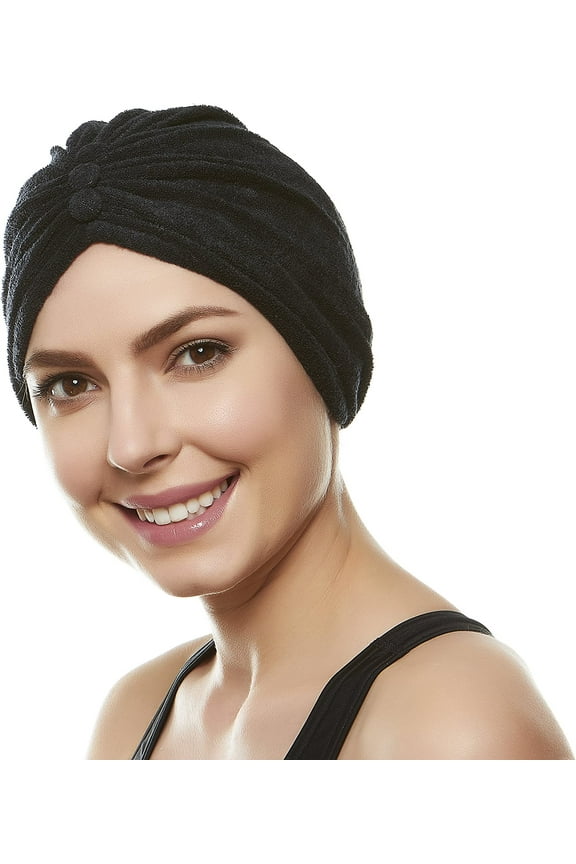 Hold'Eam Soft Terry Cloth Turban Head Cover Female - Black (Adult)