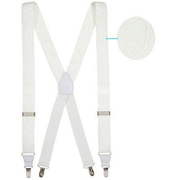 Hold'Em 100% Silk Suspenders For Men X - Back Fancy Solid Clip End Dress Suspender Made in USA – Many Colors and Designs Perfect for Tuxedo -White Paisley