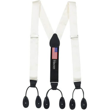 HOLD'EM Men's Y-Back Suspenders - Genuine Leather Trim Button End, Made In USA