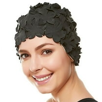 Hold'Em Beemo Floral Petal Swim Cap for Women – Retro Style Vintage Bathing Cap Swimming Hat for Long and Short Hair - Black