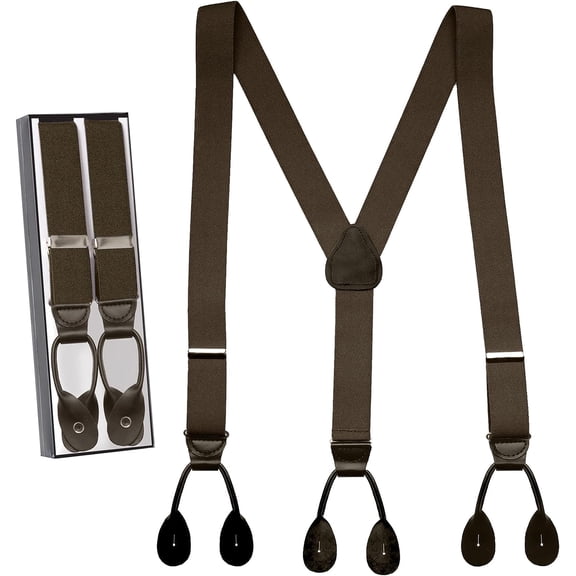 Hold'Em Men Y-Back Genuine Leather Trimmed Button End Tuxedo Suspenders Many Colors and Designs - Brown (Regular 46" long)