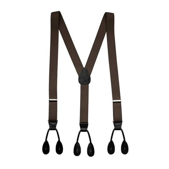 Hold'Em Men Y-Back Genuine Leather Trimmed Button End Tuxedo Suspenders Many Colors and Designs - Brown with Black Leather (Regular 46" long)