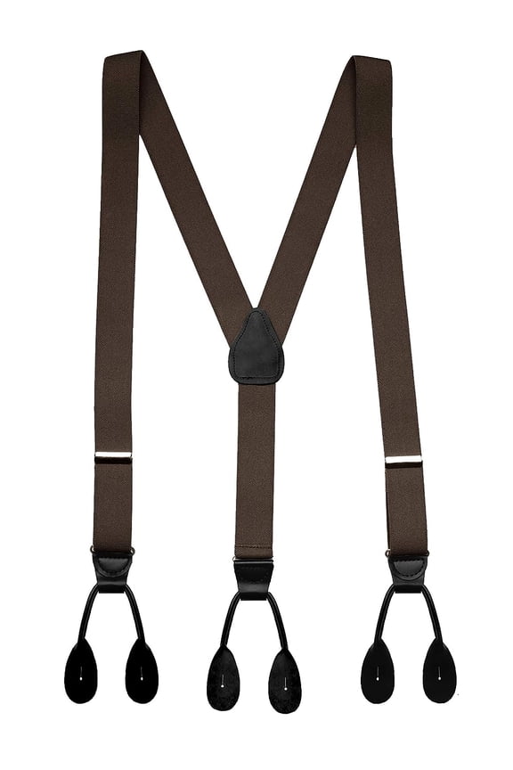 Men Y-Back Genuine Leather Trimmed Button End Tuxedo Suspenders Many Colors and Designs - Brown with Black Leather (Regular 46" long)