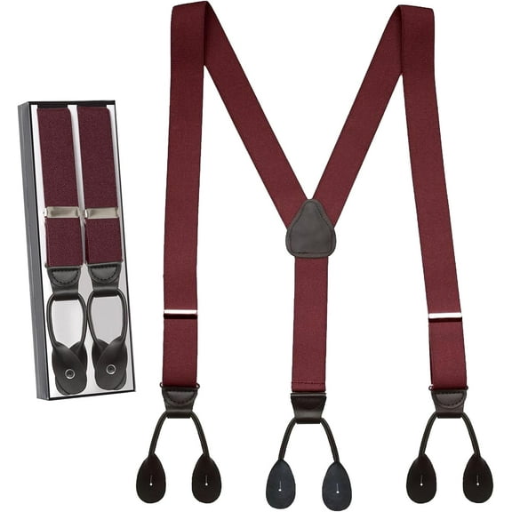Hold'Em Men Y-Back Genuine Leather Trimmed Button End Tuxedo Suspenders Many Colors and Designs - Burgundy Maroon (Regular 46" long)