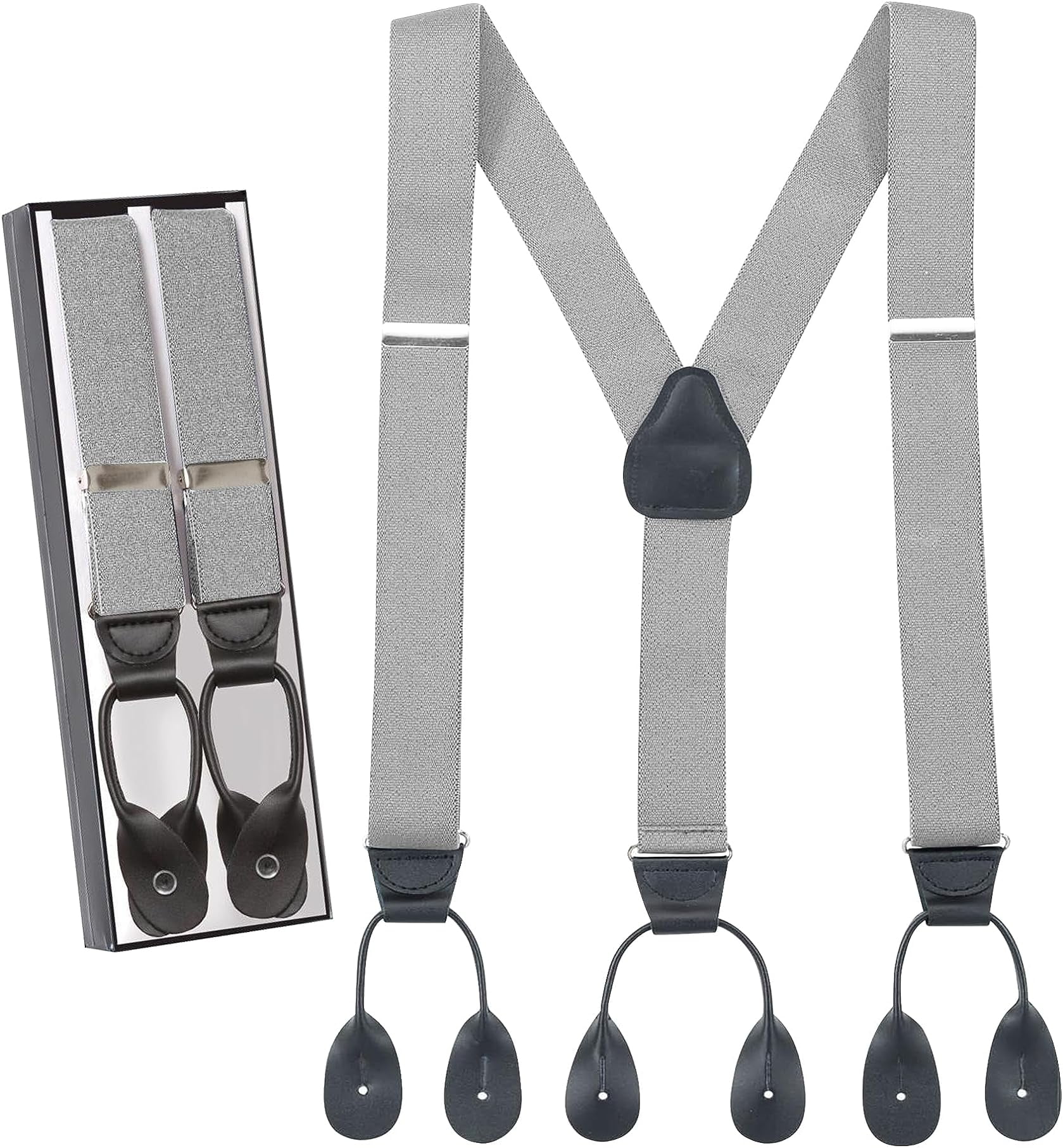 Hold'Em Men Y-Back Genuine Leather Trimmed Button End Tuxedo Suspenders  Many Colors and Designs - Black (Tall 54 Long) 