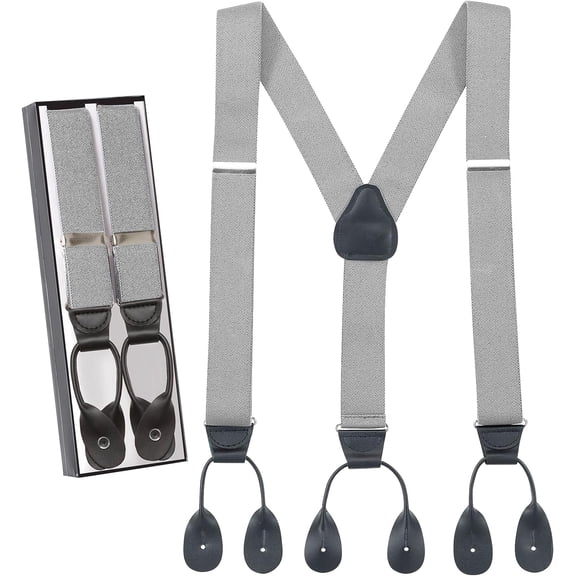 Hold'Em Men Y-Back Genuine Leather Trimmed Button End Tuxedo Suspenders Many Colors and Designs - Grey with Black Leather (Regular 46" long)