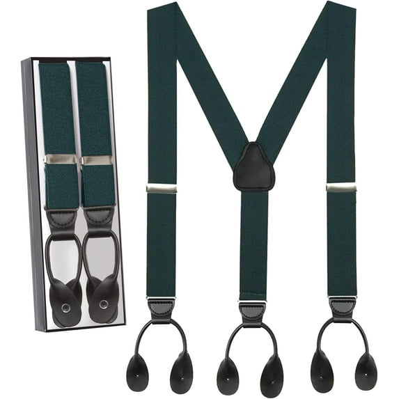 Hold'Em Men Y-Back Genuine Leather Trimmed Button End Tuxedo Suspenders Many Colors and Designs - Hunter (Regular 46" long)