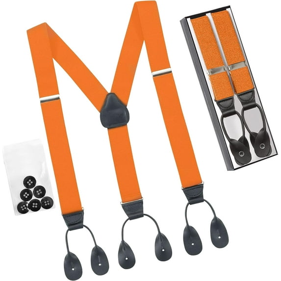 Hold'Em Men Y-Back Genuine Leather Trimmed Button End Tuxedo Suspenders Many Colors and Designs - Orange (Tall 54" Long)