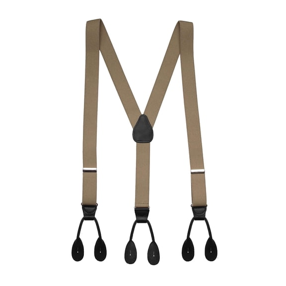 Hold'Em Men Y-Back Genuine Leather Trimmed Button End Tuxedo Suspenders Many Colors and Designs - Tan with Black Leather (Regular 46" long)