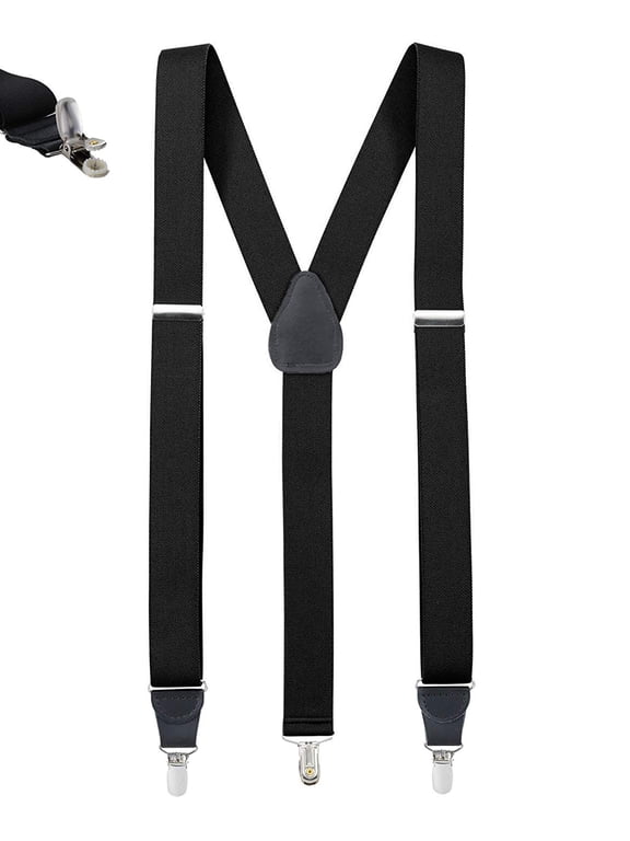 Men's No Slip Pin Clip Adjustable Suspenders, Leather Trim, Black, 2 Pack
