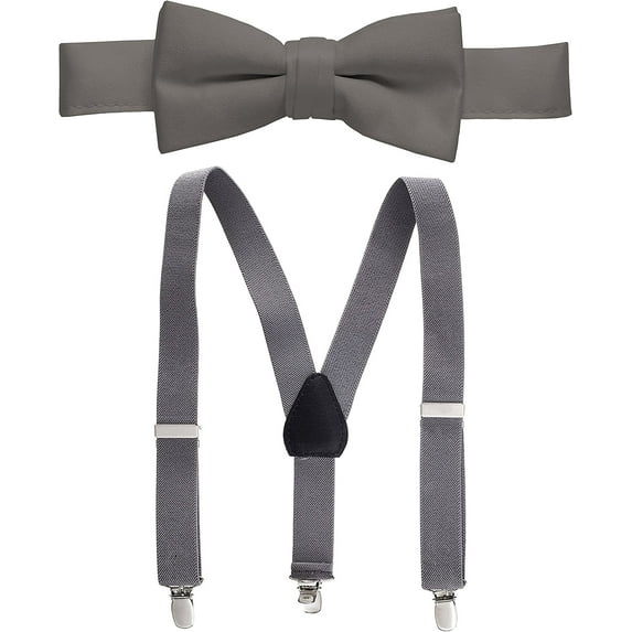 Hold’Em Suspenders and Bow Tie Set for Kids, Boys, and Baby Pre-tied Bow Tie - Gray 22"
