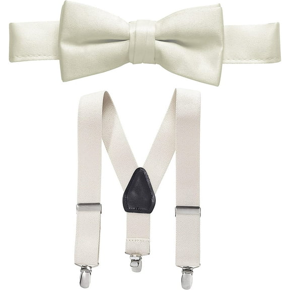 Hold’Em Suspenders and Bow Tie Set for Kids, Boys, and Baby Pre-tied Bow Tie - Ivory 30"