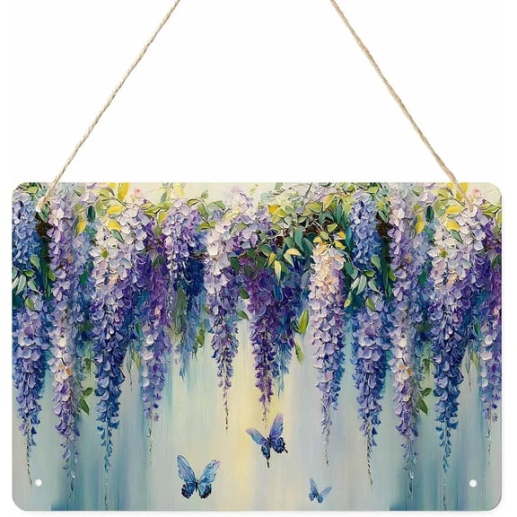 Butterfly Flower Metal Tin Signs Vintage Wall Decor Funny Kitchen Sign Retro Room Decor Purple Floral Spring Vine Oil Painting Horizontal Wall Art Poster for Home Bar Garage Dorm Office Cubicle 12x8"