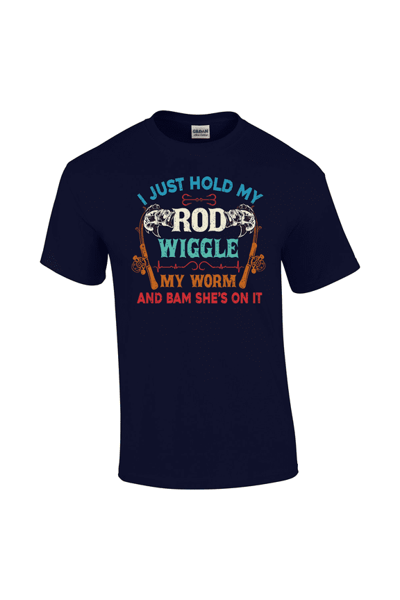 Hold My Rod Wiggle My Worm Funny Humorous Fisherman Outside Fishing Rod Bait  Short Sleeve Adult Mens Graphic T-Shirt-Navy-xl
