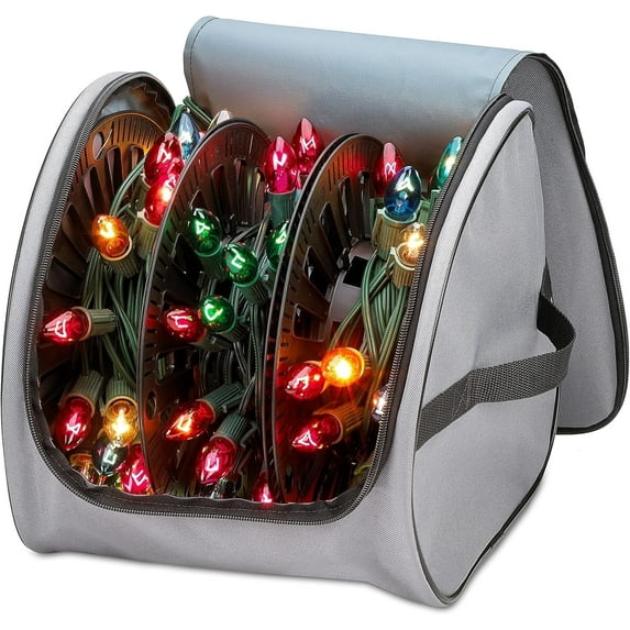 Hold N' Storage Christmas Light Storage Bag with Handles and 3 Reels, up to 375 ft Christmas Lights - Grey